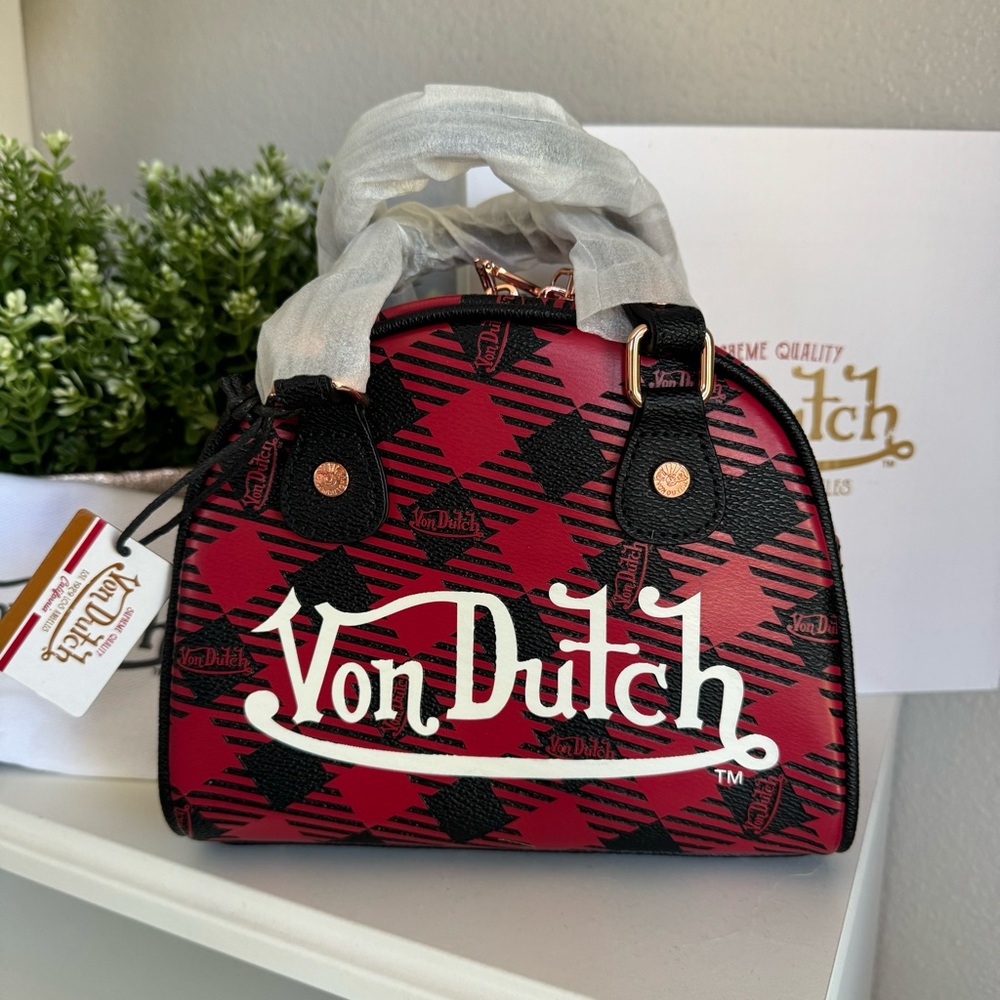 NWT Von Dutch Red and Black Plaid Bowling Crossbody Bag Y2K Retro - Picture 2 of 9